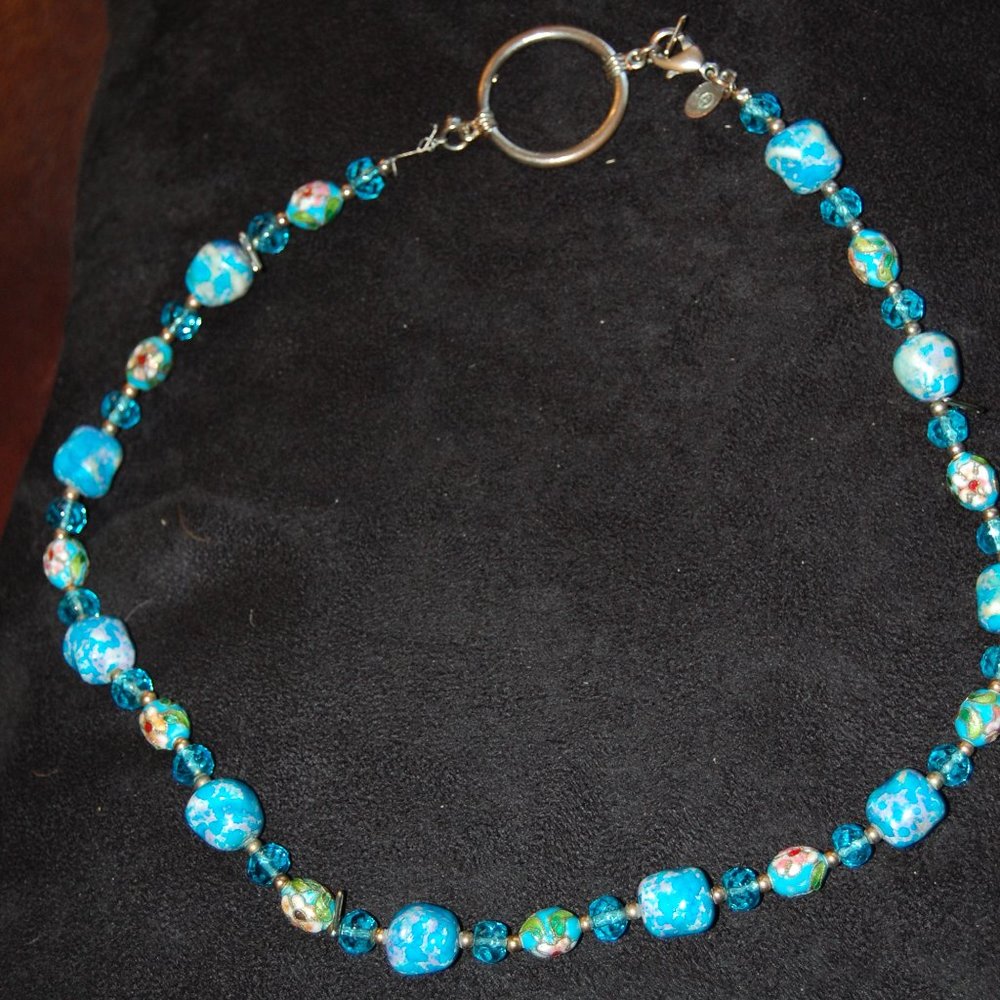 Marked China -Blue Bead Necklace W/Cloisonné Beads